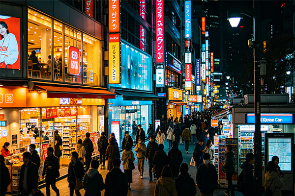 A bustling commercial street at night with brightly lit storefronts